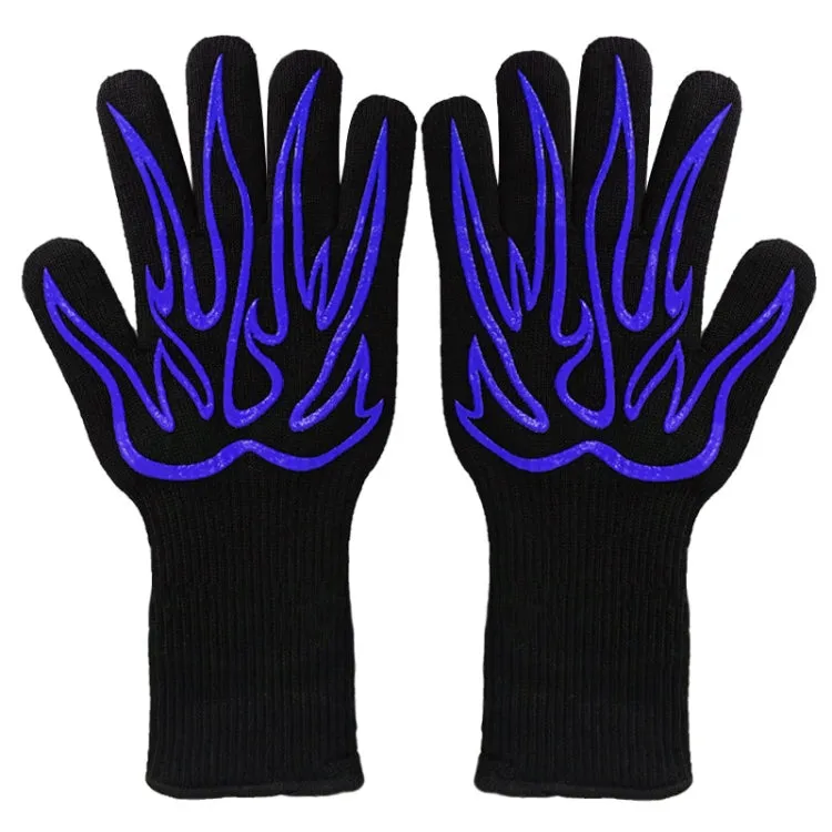 1 Pair High Temperature Resistant Silicone BBQ Gloves  Anti-Scalding Gloves(Big Flame Blue)