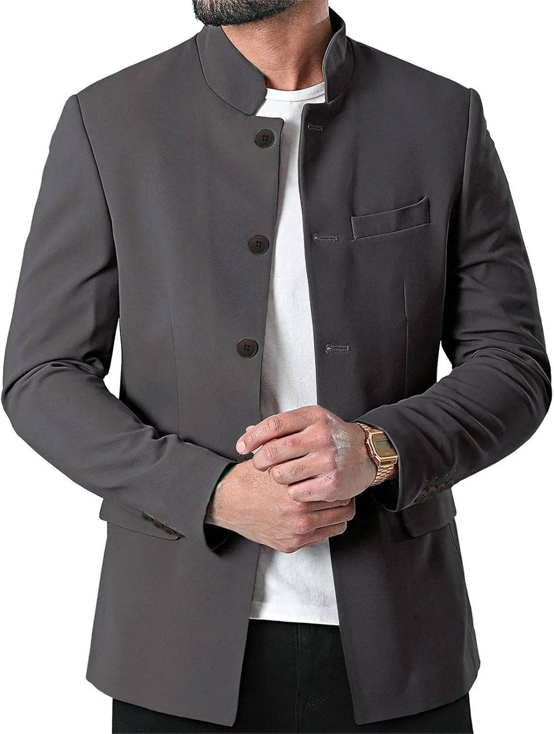 AIFARLD Mens Casual Blazer Stand Collar Tweed Suit Jackets Sport Coats Business Coats Lightweight Fashion