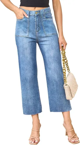 ALLABREVE Wide Leg Jeans for Women High Waisted Stretchy Denim Capri Pants Hem Cropped Baggy Straight Leg Jeans with Pocket