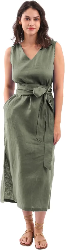 Amazhiyu Womens 100% Linen Summer Sleeveless V-Neck Midi Dresses with Pockets