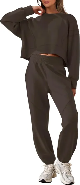 ANRABESS Womens 2 Piece Outfits Lounge Sets Cropped Sweatshirt & Joggers Fashion Sweatsuit Sweat Set 2025 Spring Travel