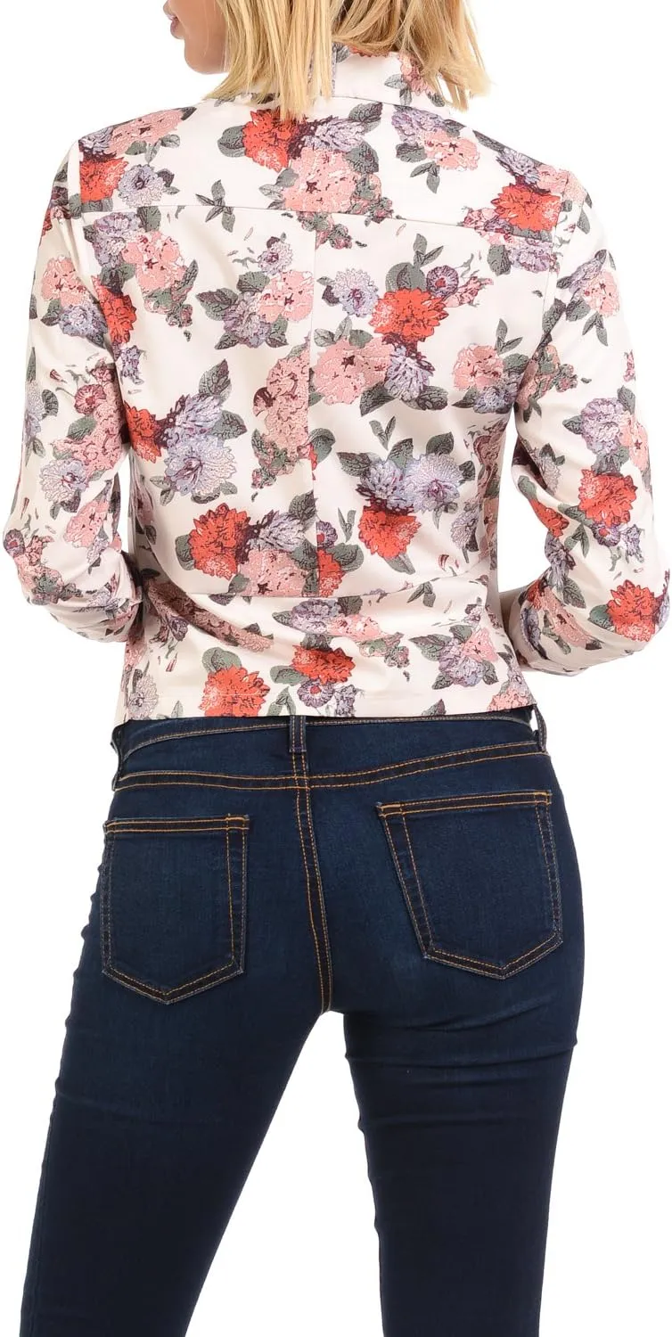 Aulin Collection Womens Floral Casual Lightweight 3/4 Sleeve Fitted Open Blazer