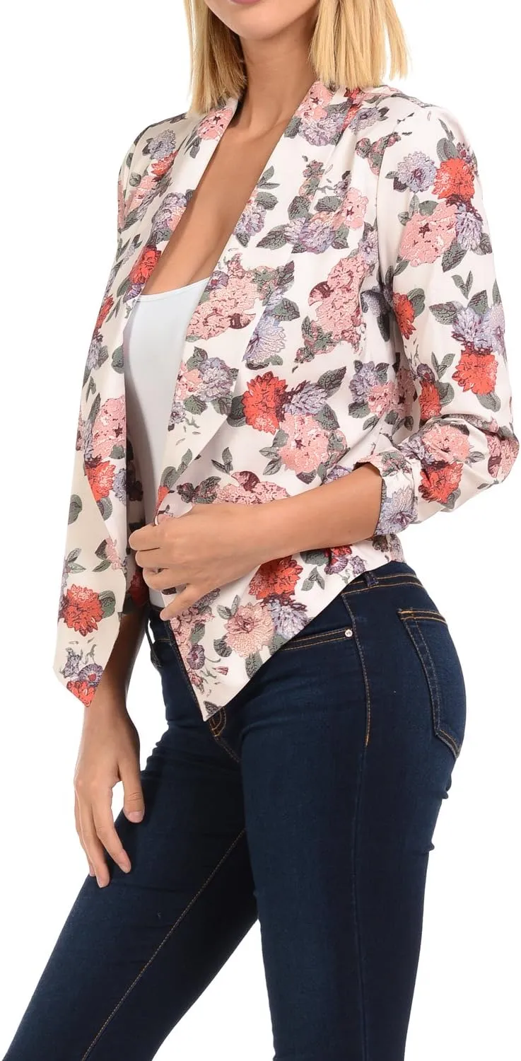 Aulin Collection Womens Floral Casual Lightweight 3/4 Sleeve Fitted Open Blazer