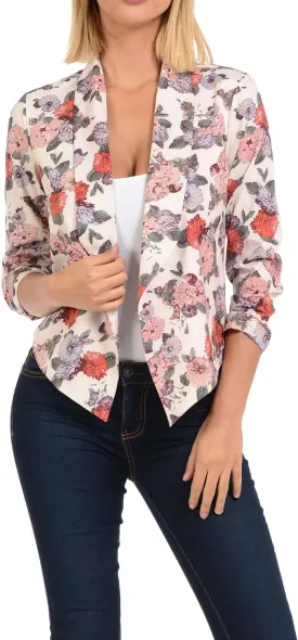 Aulin Collection Womens Floral Casual Lightweight 3/4 Sleeve Fitted Open Blazer