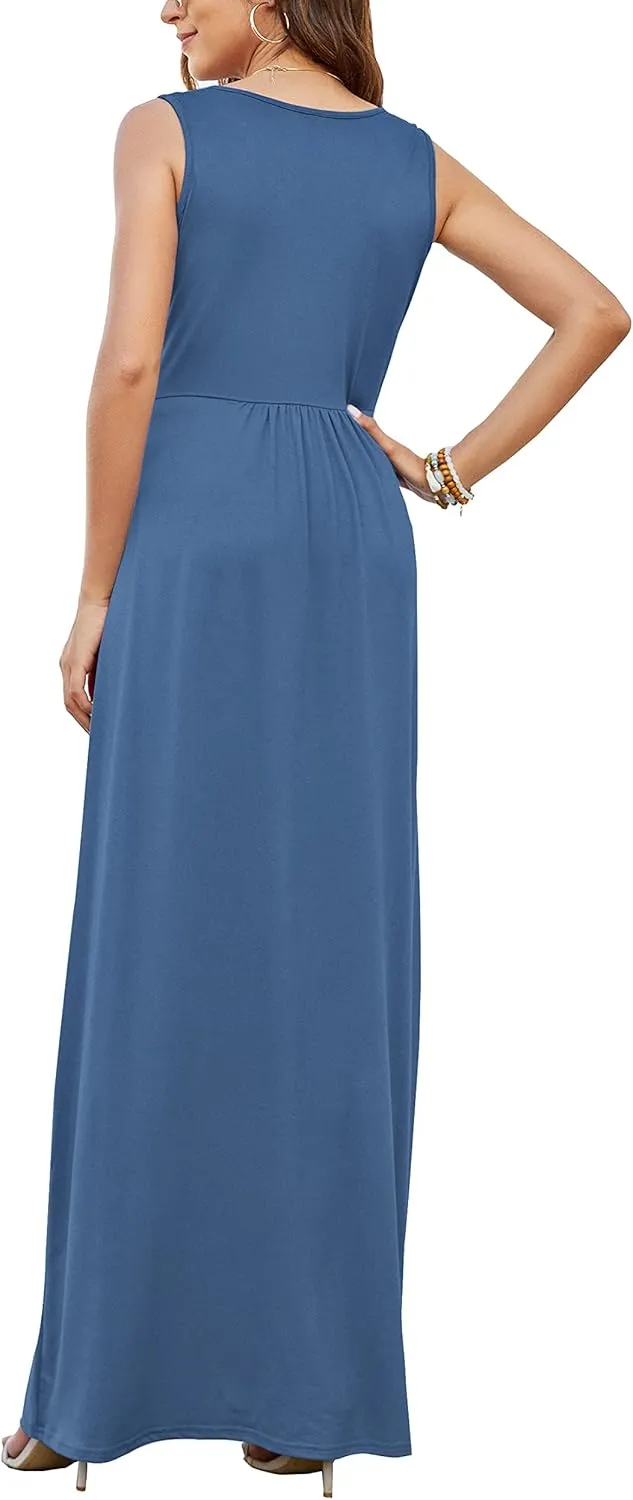 AUSELILY Women's Sleeveless Formal Dress Deep V Neck Loose Plain Cocktail Long Maxi Dresses with Pockets 2025 New