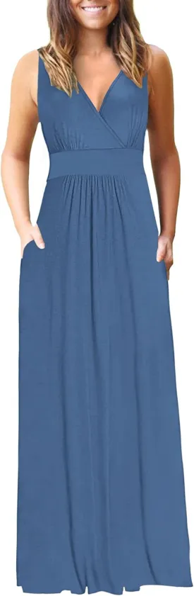 AUSELILY Women's Sleeveless Formal Dress Deep V Neck Loose Plain Cocktail Long Maxi Dresses with Pockets 2025 New