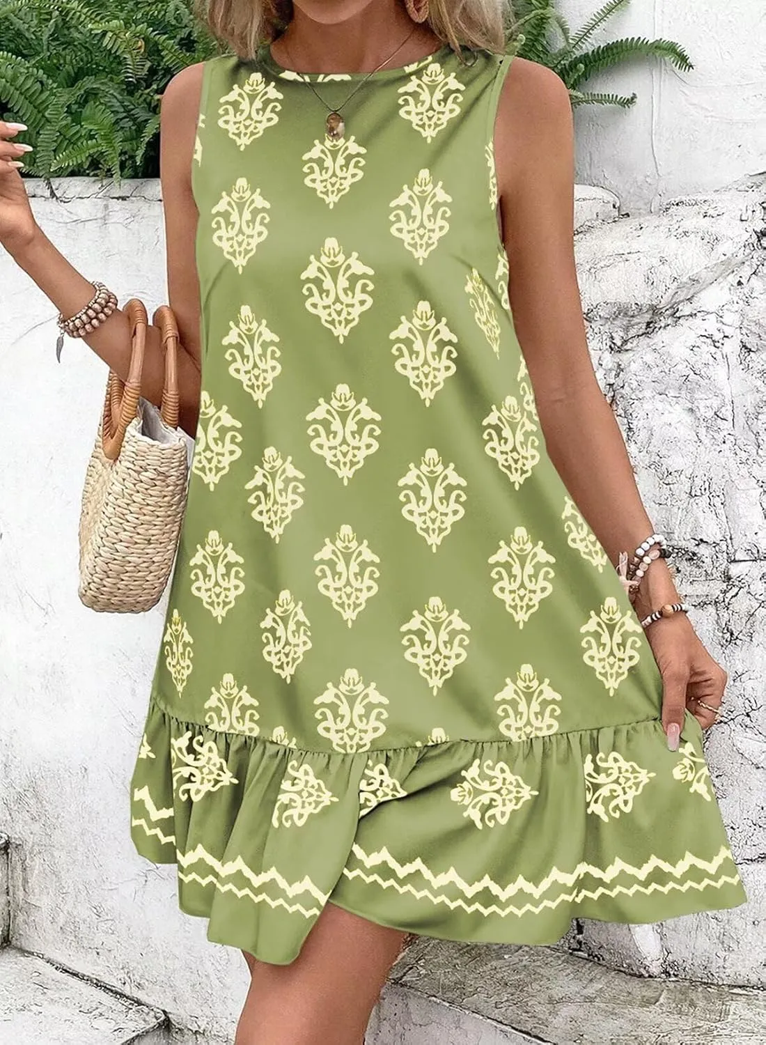 BLENCOT Womens Floral Dress Sleeveless Ruffle Mini Summer Casual Dresses