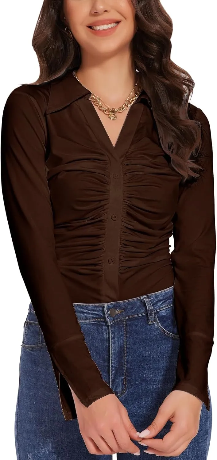Button Shirts for Women Ruched Long Sleeve Collared Casual Dressy Tops V Neck Blouse