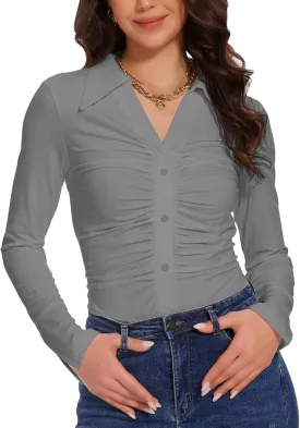 Button Shirts for Women Ruched Long Sleeve Collared Casual Dressy Tops V Neck Blouse