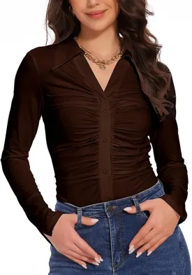 Button Shirts for Women Ruched Long Sleeve Collared Casual Dressy Tops V Neck Blouse