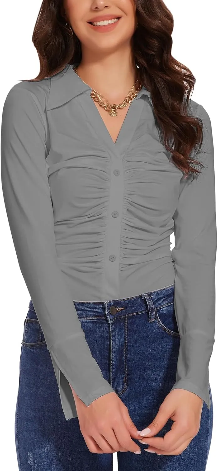 Button Shirts for Women Ruched Long Sleeve Collared Casual Dressy Tops V Neck Blouse