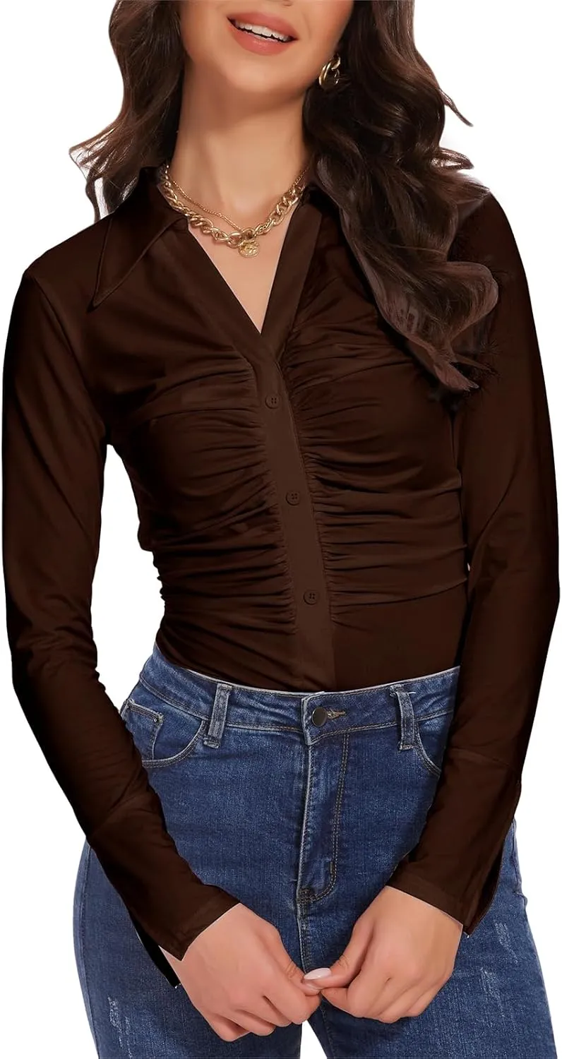 Button Shirts for Women Ruched Long Sleeve Collared Casual Dressy Tops V Neck Blouse