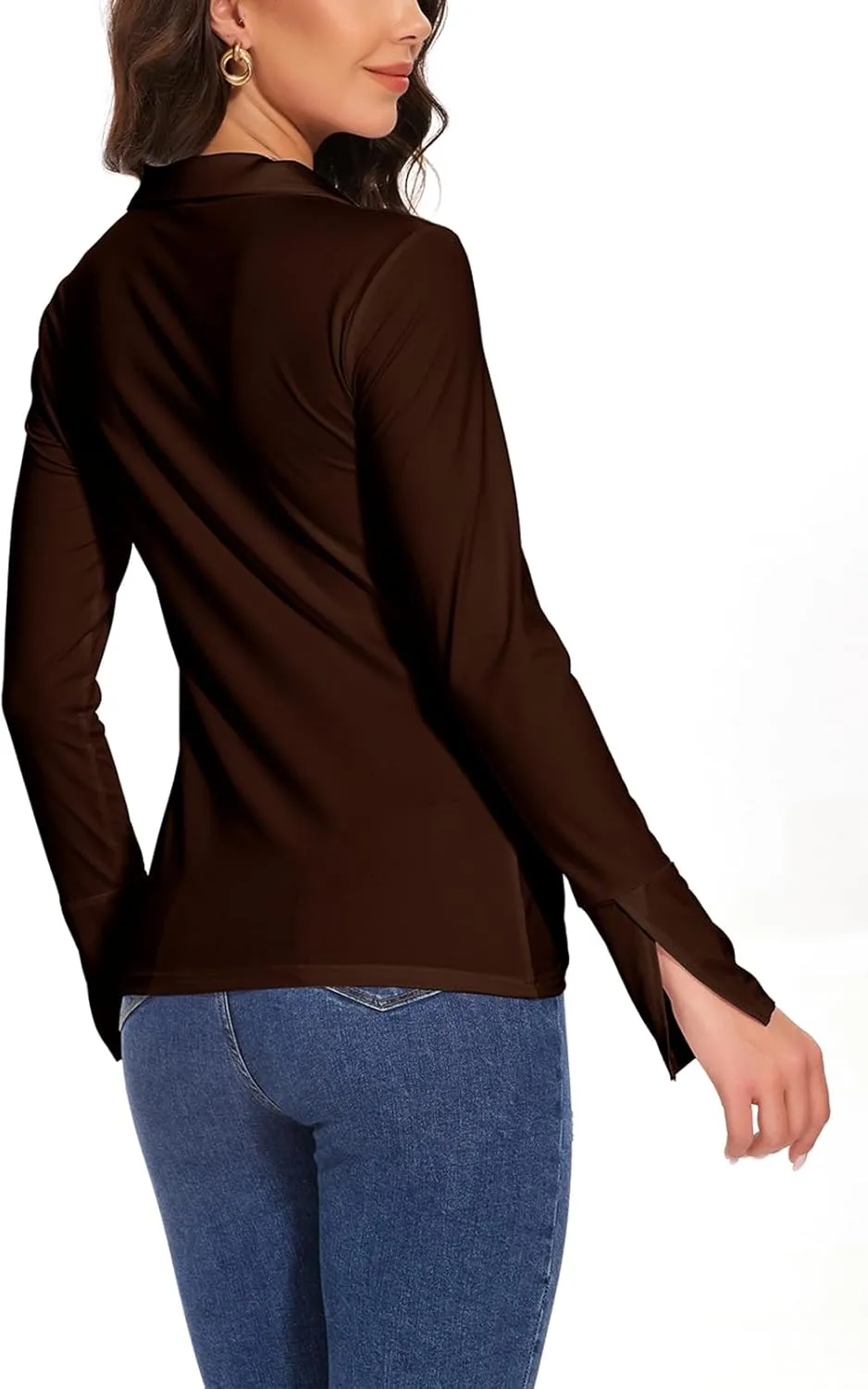 Button Shirts for Women Ruched Long Sleeve Collared Casual Dressy Tops V Neck Blouse