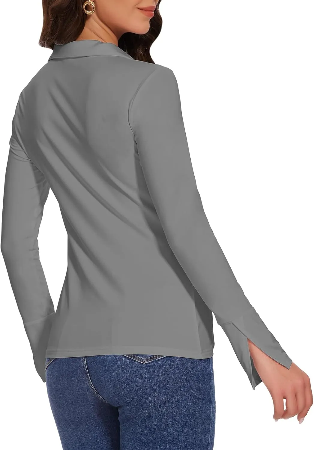 Button Shirts for Women Ruched Long Sleeve Collared Casual Dressy Tops V Neck Blouse