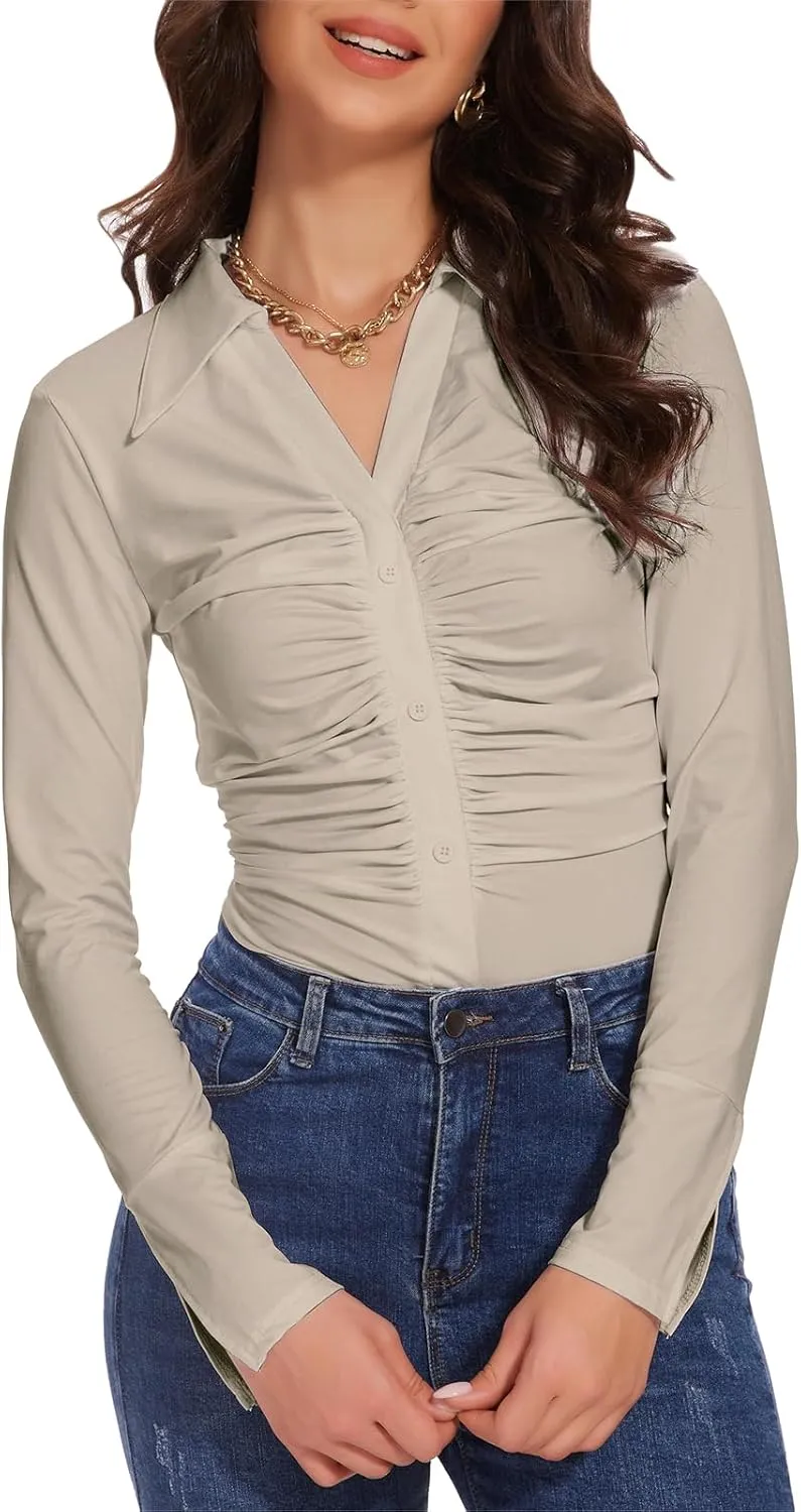 Button Shirts for Women Ruched Long Sleeve Collared Casual Dressy Tops V Neck Blouse
