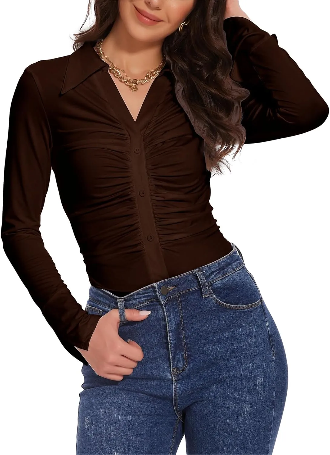 Button Shirts for Women Ruched Long Sleeve Collared Casual Dressy Tops V Neck Blouse