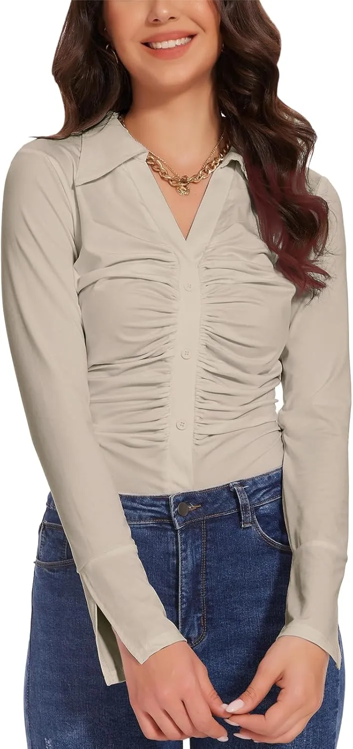 Button Shirts for Women Ruched Long Sleeve Collared Casual Dressy Tops V Neck Blouse