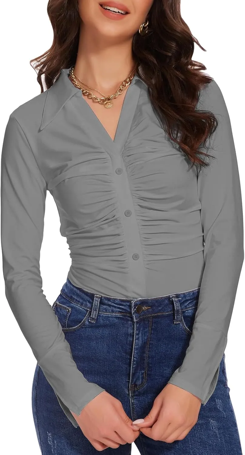 Button Shirts for Women Ruched Long Sleeve Collared Casual Dressy Tops V Neck Blouse