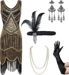 Coucoland Womens 1920s Flapper Sequin Beads Dress with Roaring 20s Gatsby Accessories Set for Party