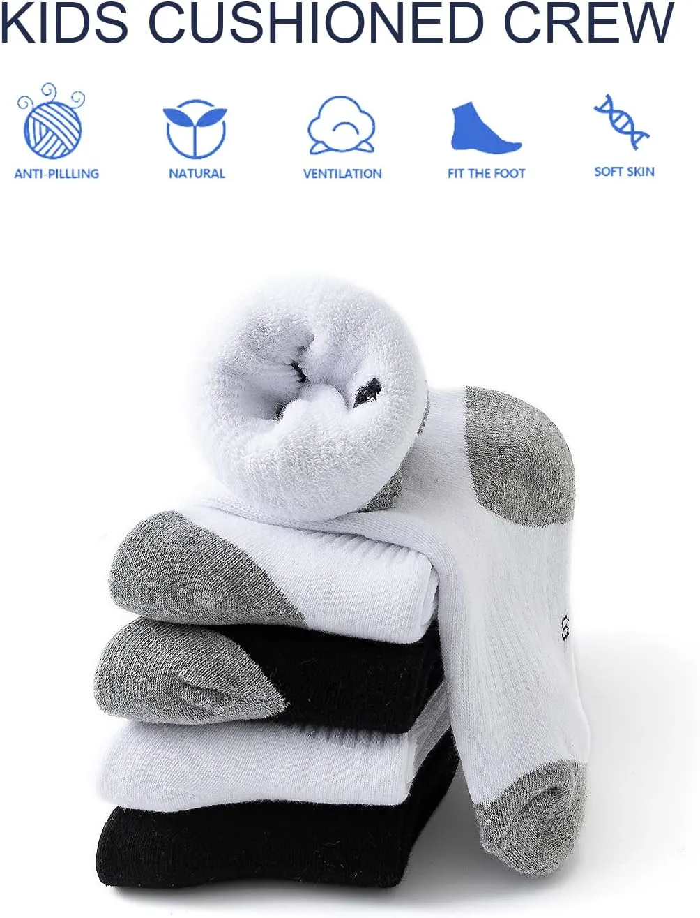 EPEIUS Kids Boys/Girls' Cushioned Crew Socks Thick Cotton Athletic Socks 6 Pack 4-14 Years