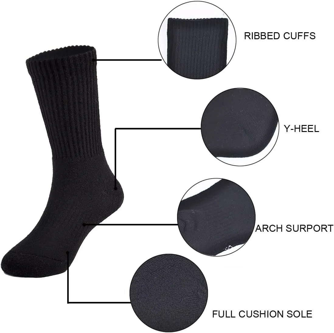EPEIUS Kids Boys/Girls' Cushioned Crew Socks Thick Cotton Athletic Socks 6 Pack 4-14 Years