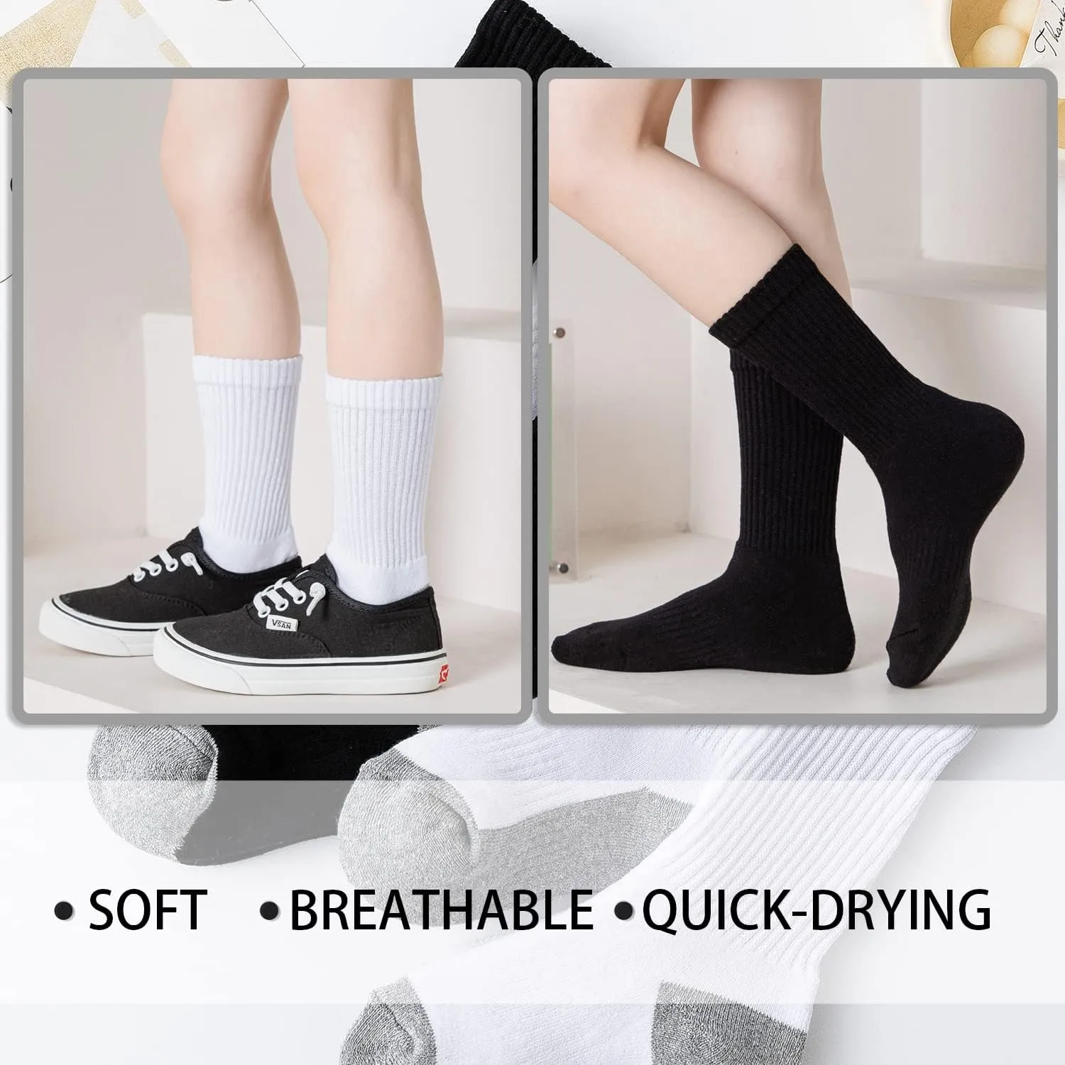 EPEIUS Kids Boys/Girls' Cushioned Crew Socks Thick Cotton Athletic Socks 6 Pack 4-14 Years
