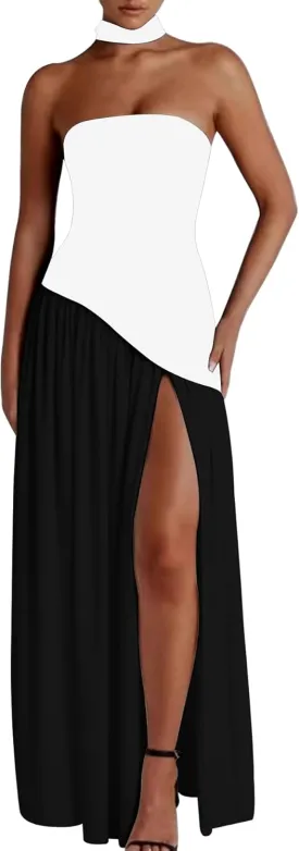 Famnbro Womens Tube Dress Strapless Sexy Off Shoulder Side Slit Going Out Casual Elegant Club Party Maxi Dresses