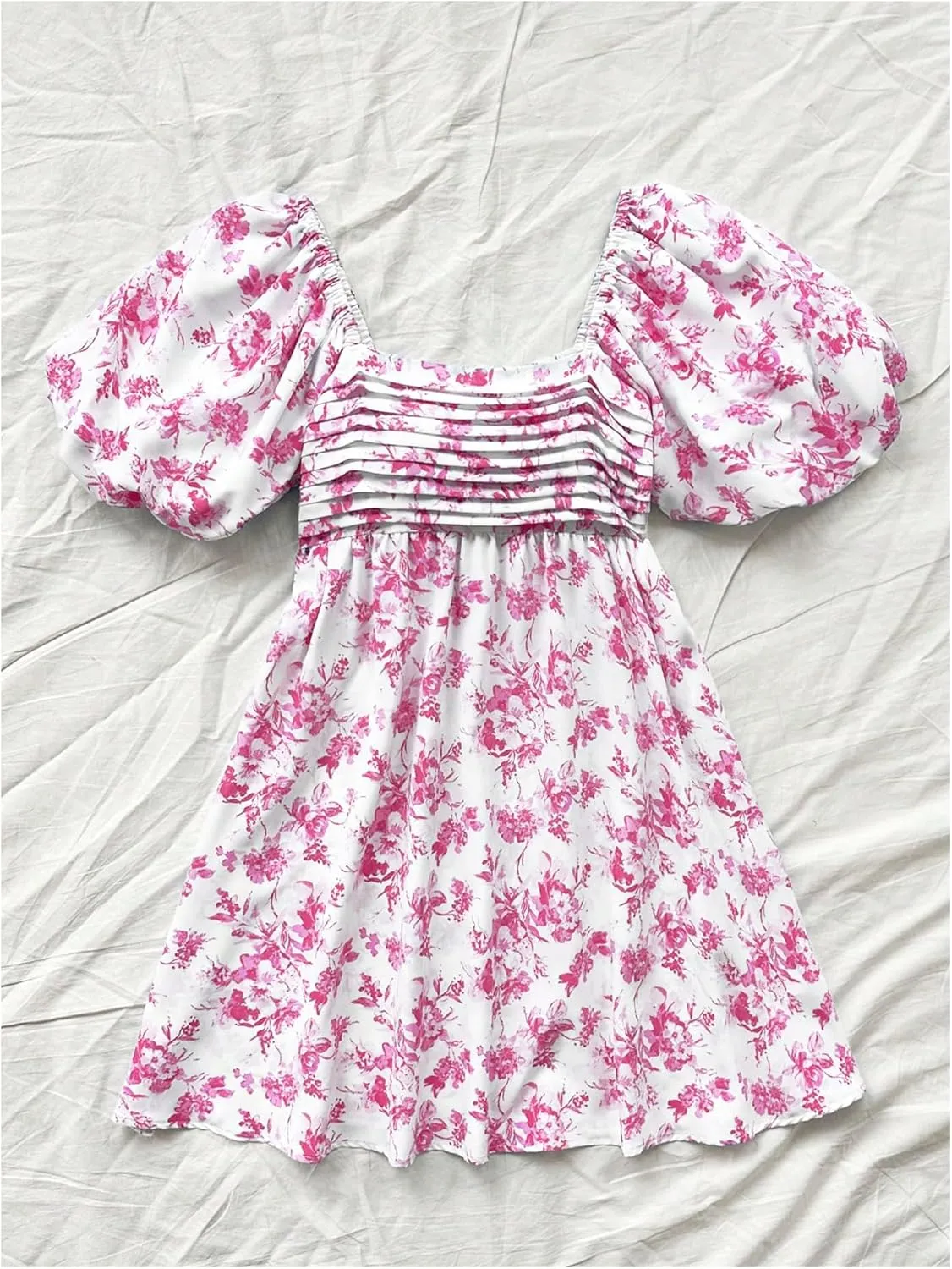 Floerns Women's Floral Dress Puff Sleeve Dress Square Neck Summer Vacation Picnic Mini Dresses