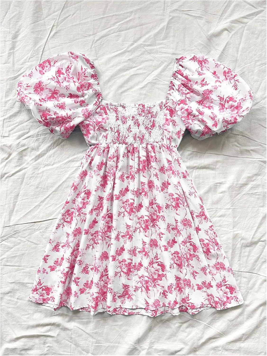 Floerns Women's Floral Dress Puff Sleeve Dress Square Neck Summer Vacation Picnic Mini Dresses