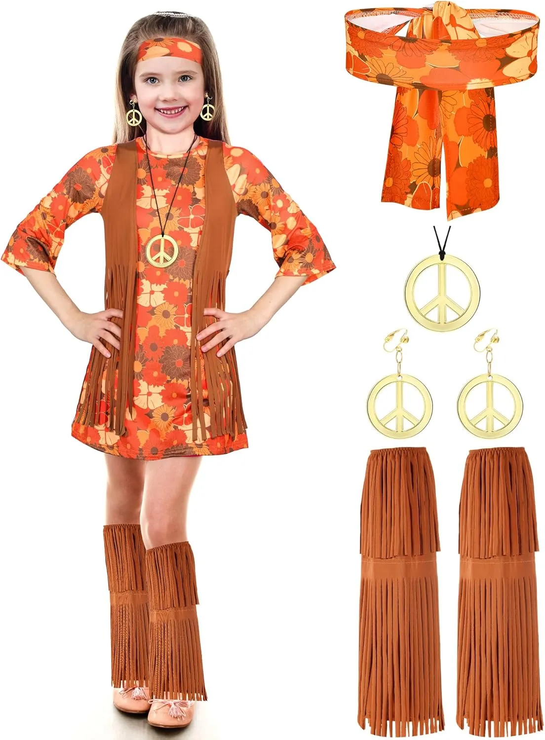 Haysandy Kids Hippie Costume Set 60s 70s Hippie Dress Peace Sign Party Accessories for Carnival Halloween Cosplay Party