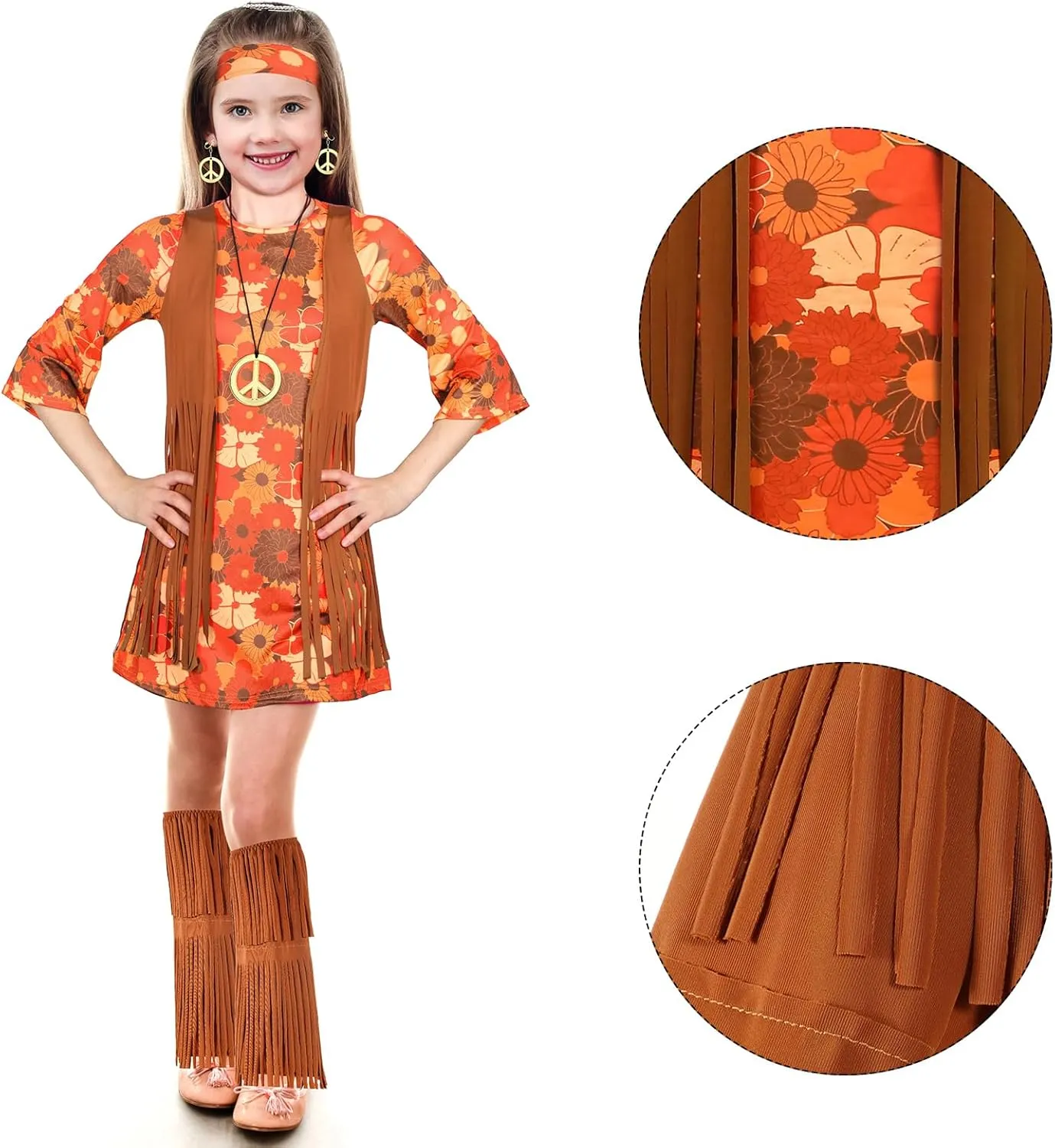 Haysandy Kids Hippie Costume Set 60s 70s Hippie Dress Peace Sign Party Accessories for Carnival Halloween Cosplay Party