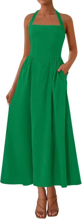 KIRUNDO Women Summer Sleeveless Halter Maxi Dress Sundress 2025 Casual Flowy Wedding Guest Cocktail Beach Vacation Dresses