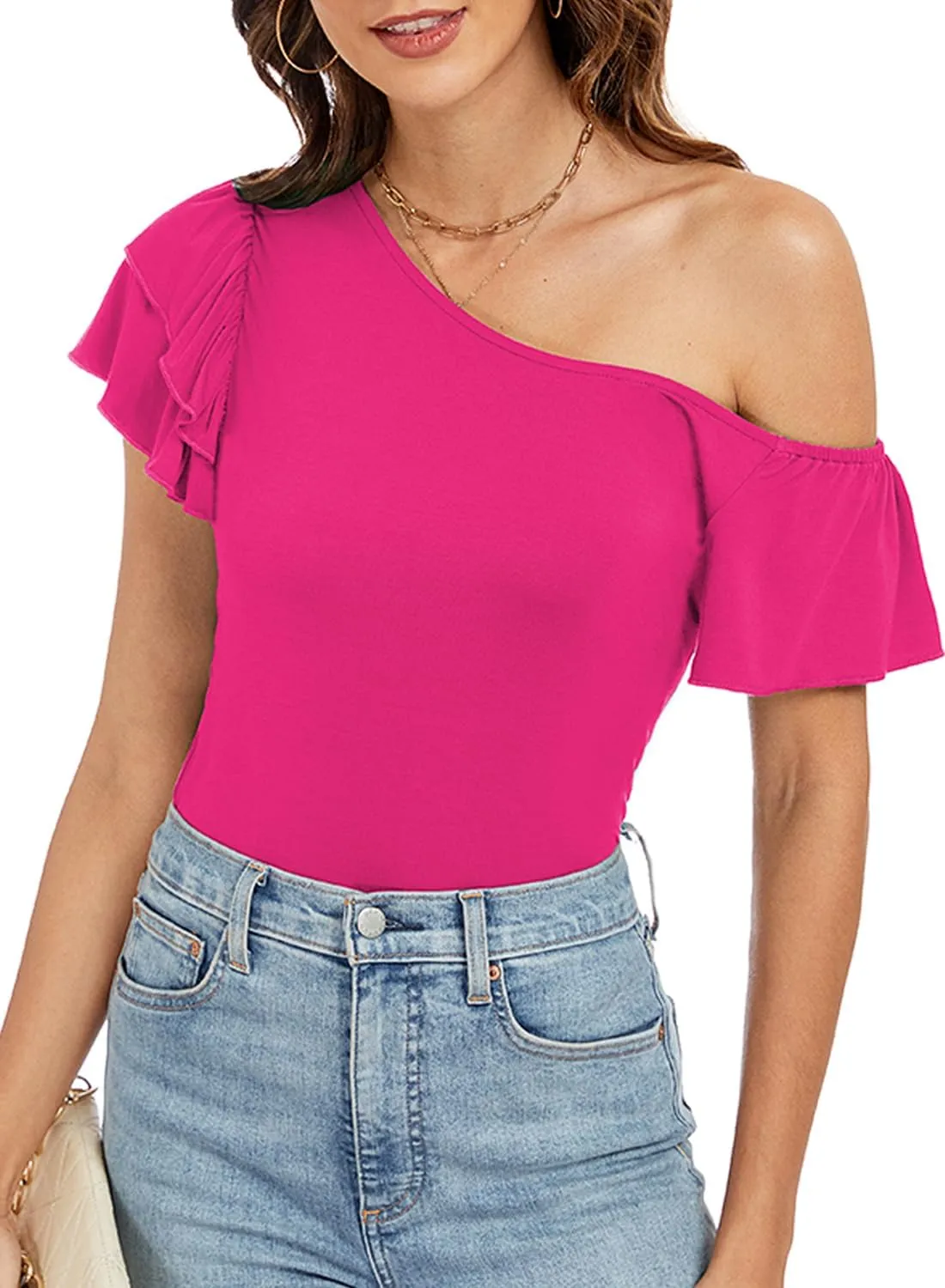 LEIYEE Womens Summer Off The Shoulder Tops Sexy Casual Cute Ruffle Short Sleeve Going Out Vacation T Shirts Blouses