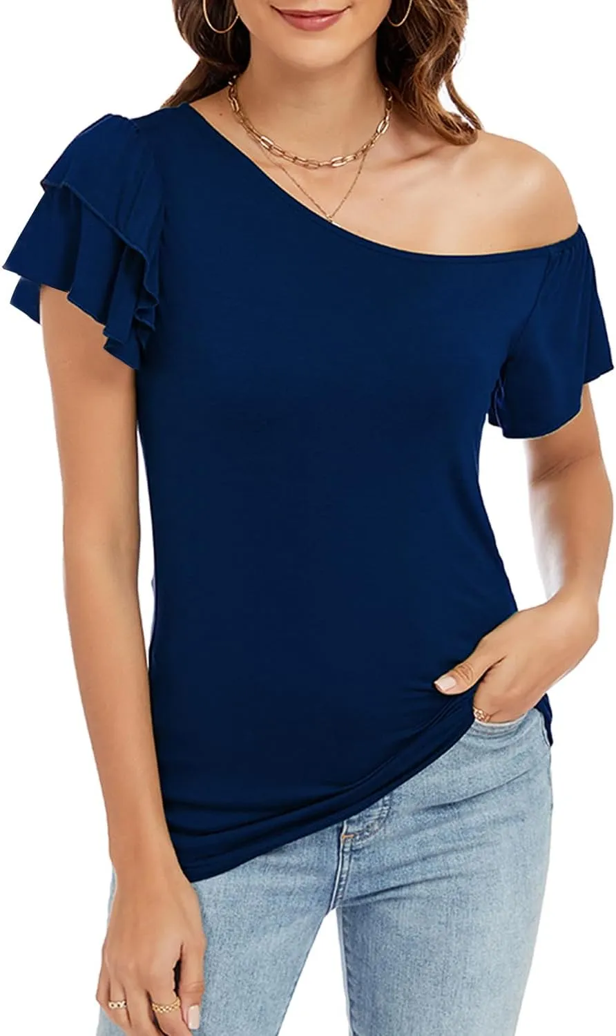 LEIYEE Womens Summer Off The Shoulder Tops Sexy Casual Cute Ruffle Short Sleeve Going Out Vacation T Shirts Blouses