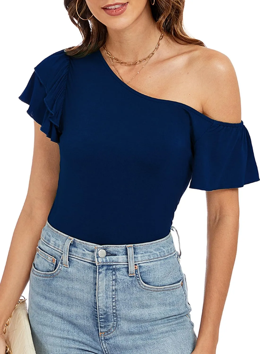 LEIYEE Womens Summer Off The Shoulder Tops Sexy Casual Cute Ruffle Short Sleeve Going Out Vacation T Shirts Blouses