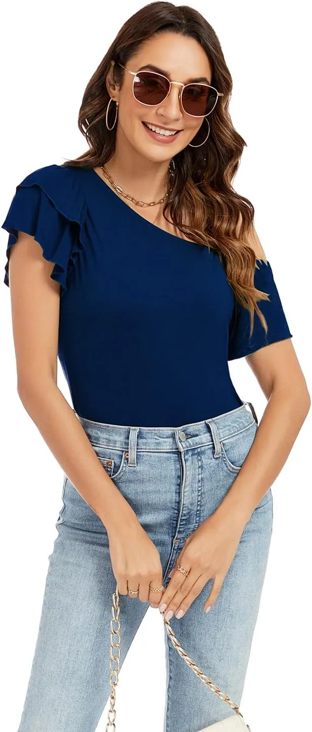 LEIYEE Womens Summer Off The Shoulder Tops Sexy Casual Cute Ruffle Short Sleeve Going Out Vacation T Shirts Blouses