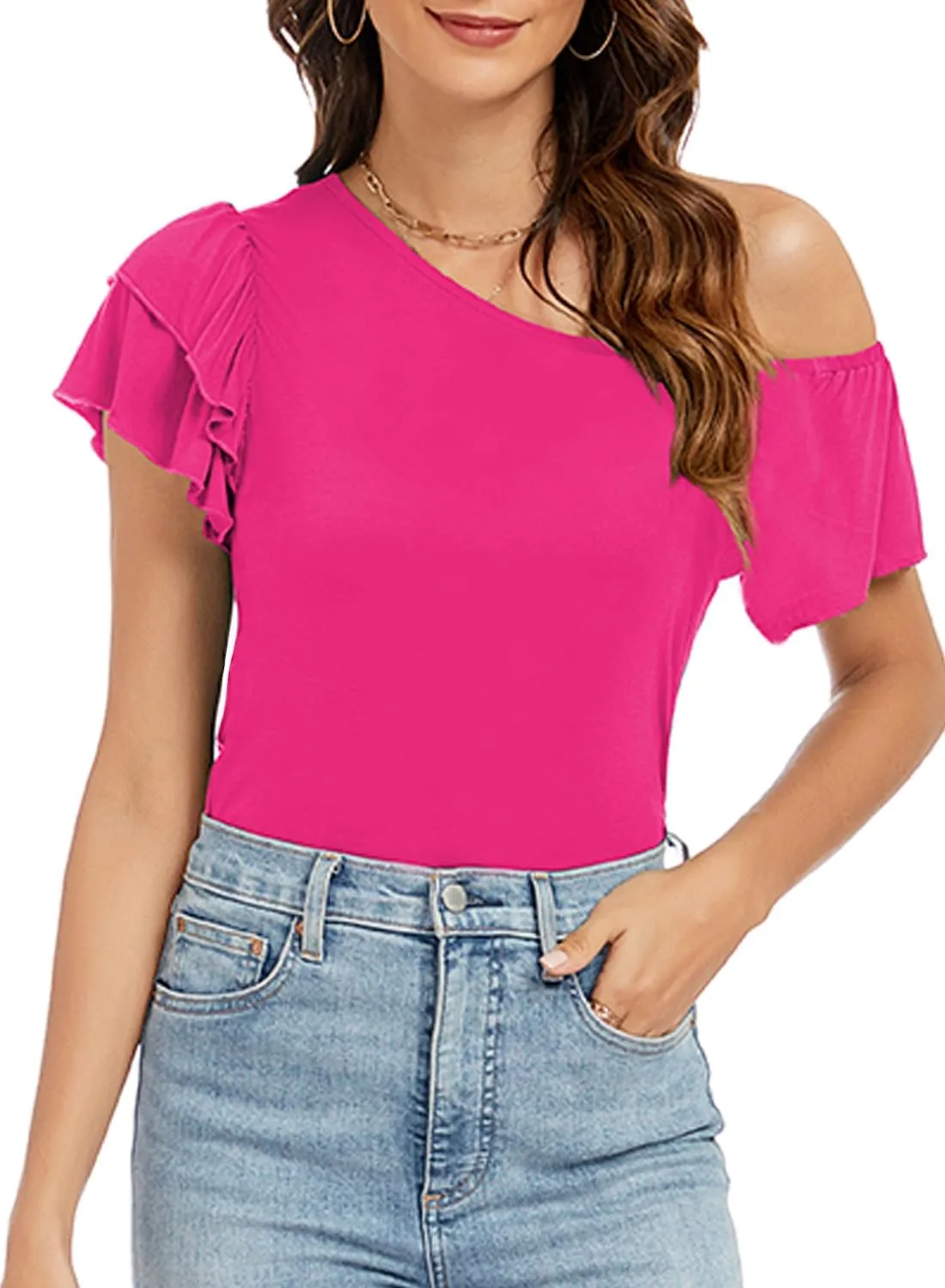 LEIYEE Womens Summer Off The Shoulder Tops Sexy Casual Cute Ruffle Short Sleeve Going Out Vacation T Shirts Blouses