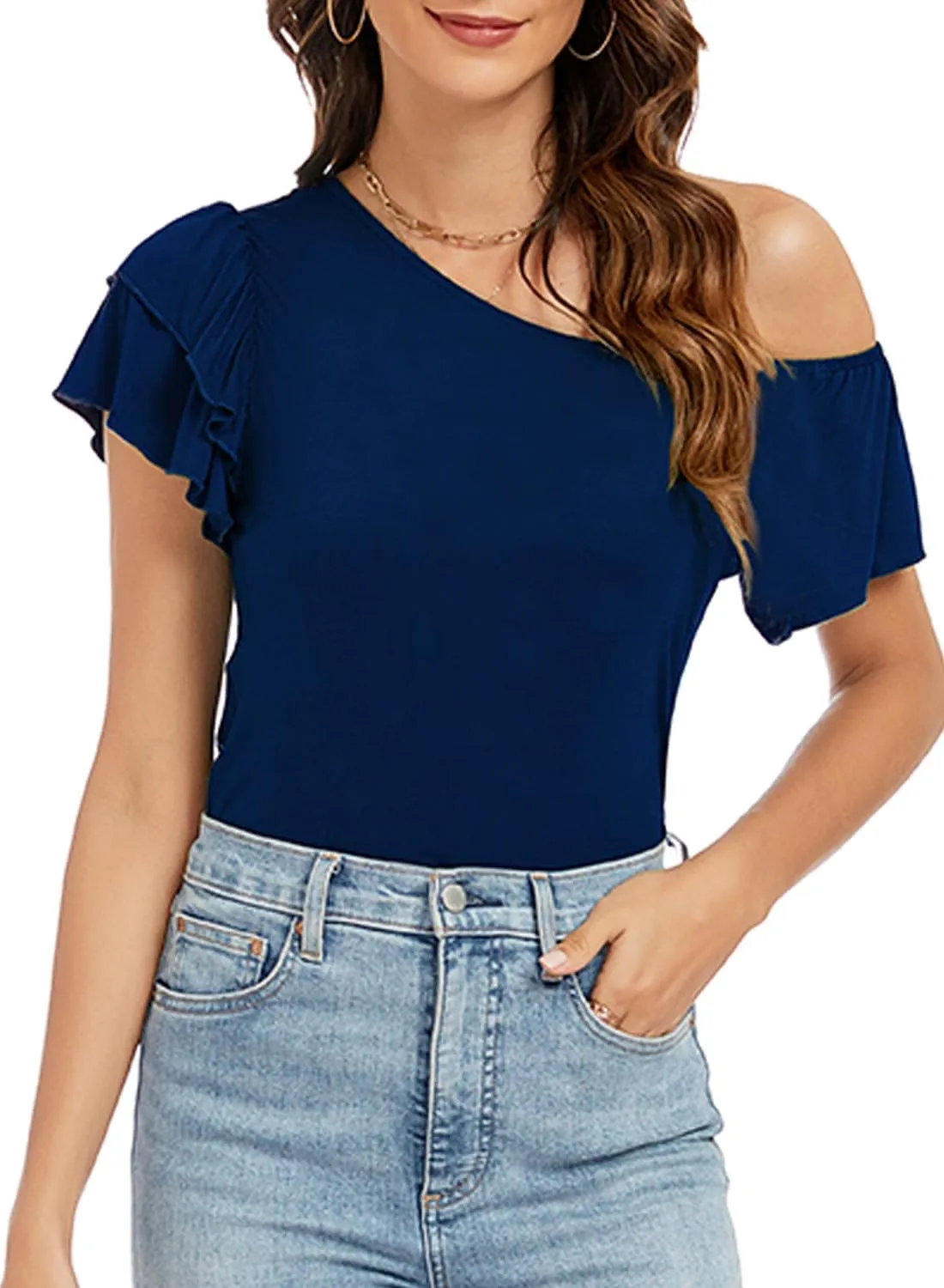LEIYEE Womens Summer Off The Shoulder Tops Sexy Casual Cute Ruffle Short Sleeve Going Out Vacation T Shirts Blouses
