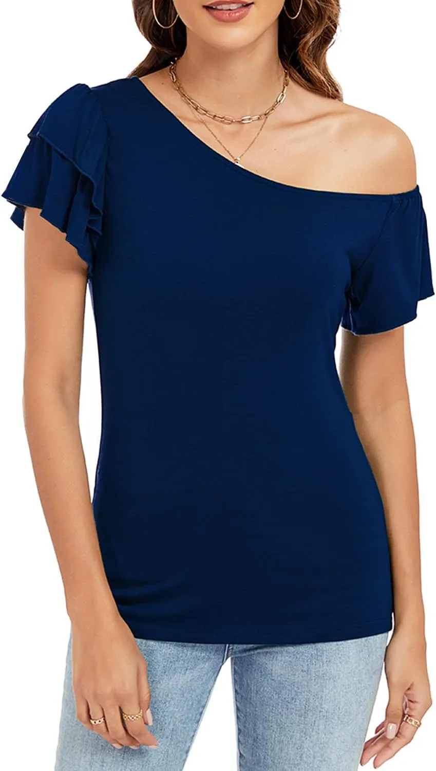 LEIYEE Womens Summer Off The Shoulder Tops Sexy Casual Cute Ruffle Short Sleeve Going Out Vacation T Shirts Blouses