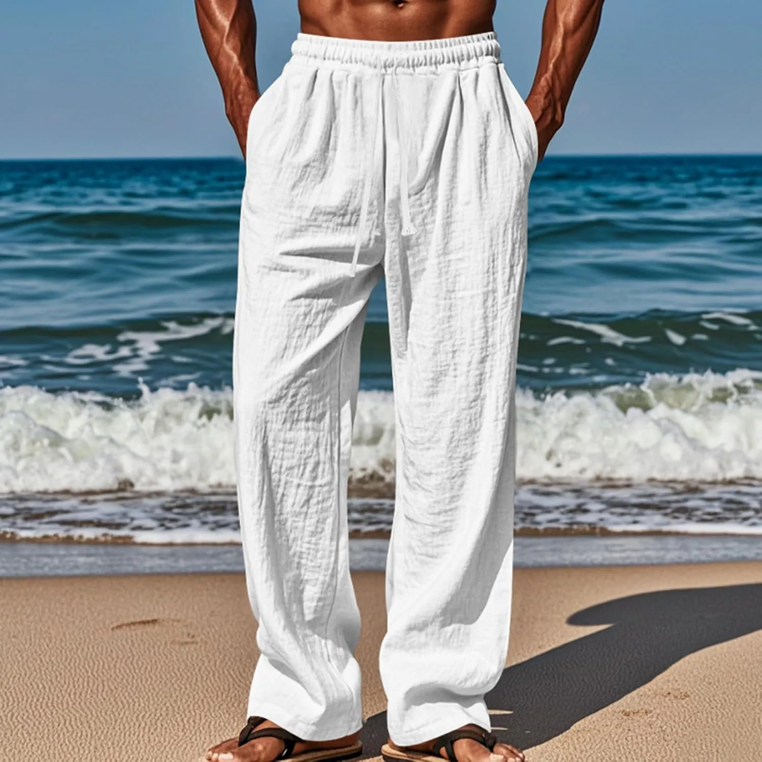 Mens Linen Pants Yoga Beach Loose Fit Casual Summer Elastic Waist Drawstring Baggy Trousers with Pockets