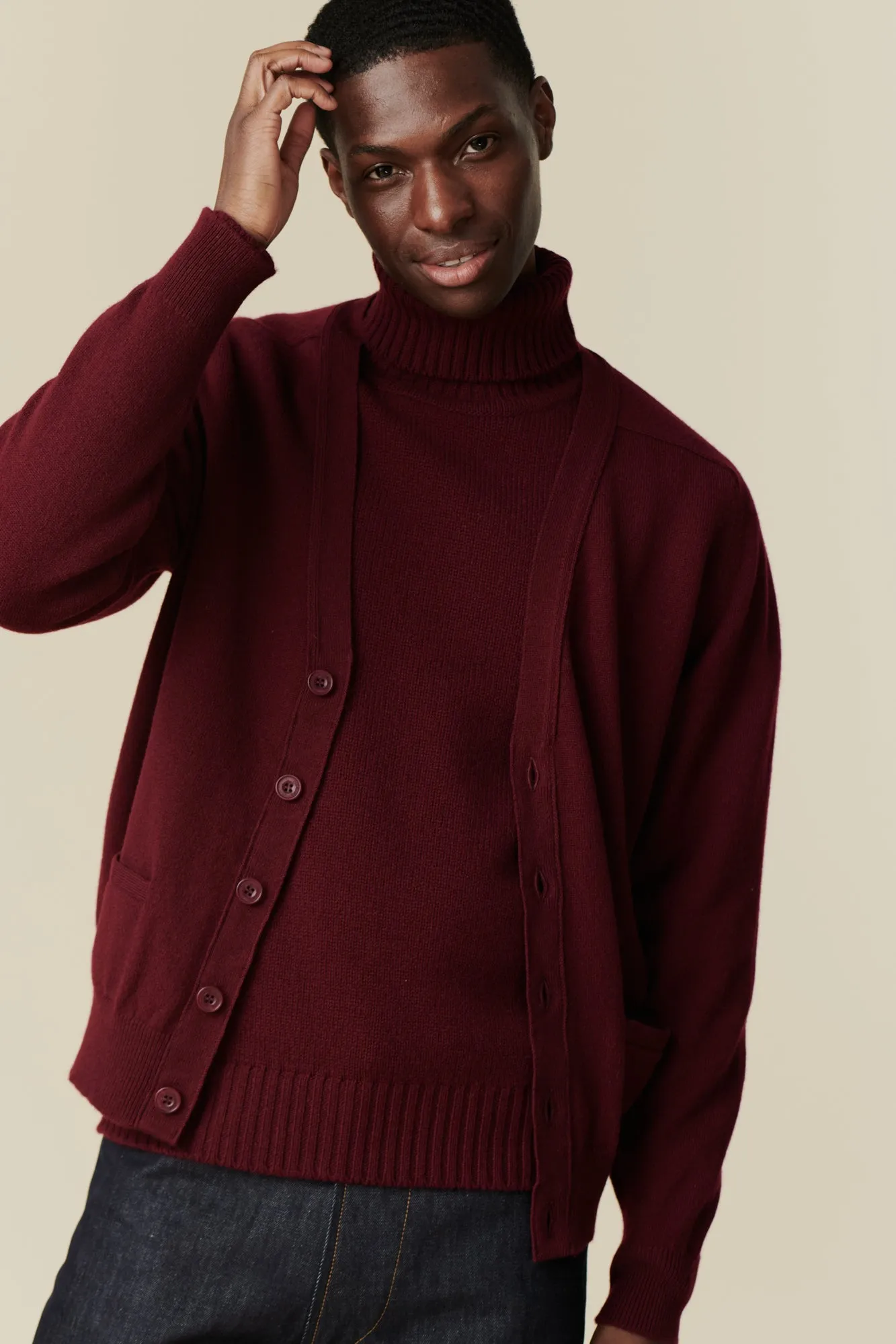 Men's Roll Neck Jumper - Burgundy