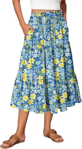 Midi Skirt for Women Summer Tiered High Waisted Knee Length Skirt A Line Flowy Floral Print Skirts with Pockets