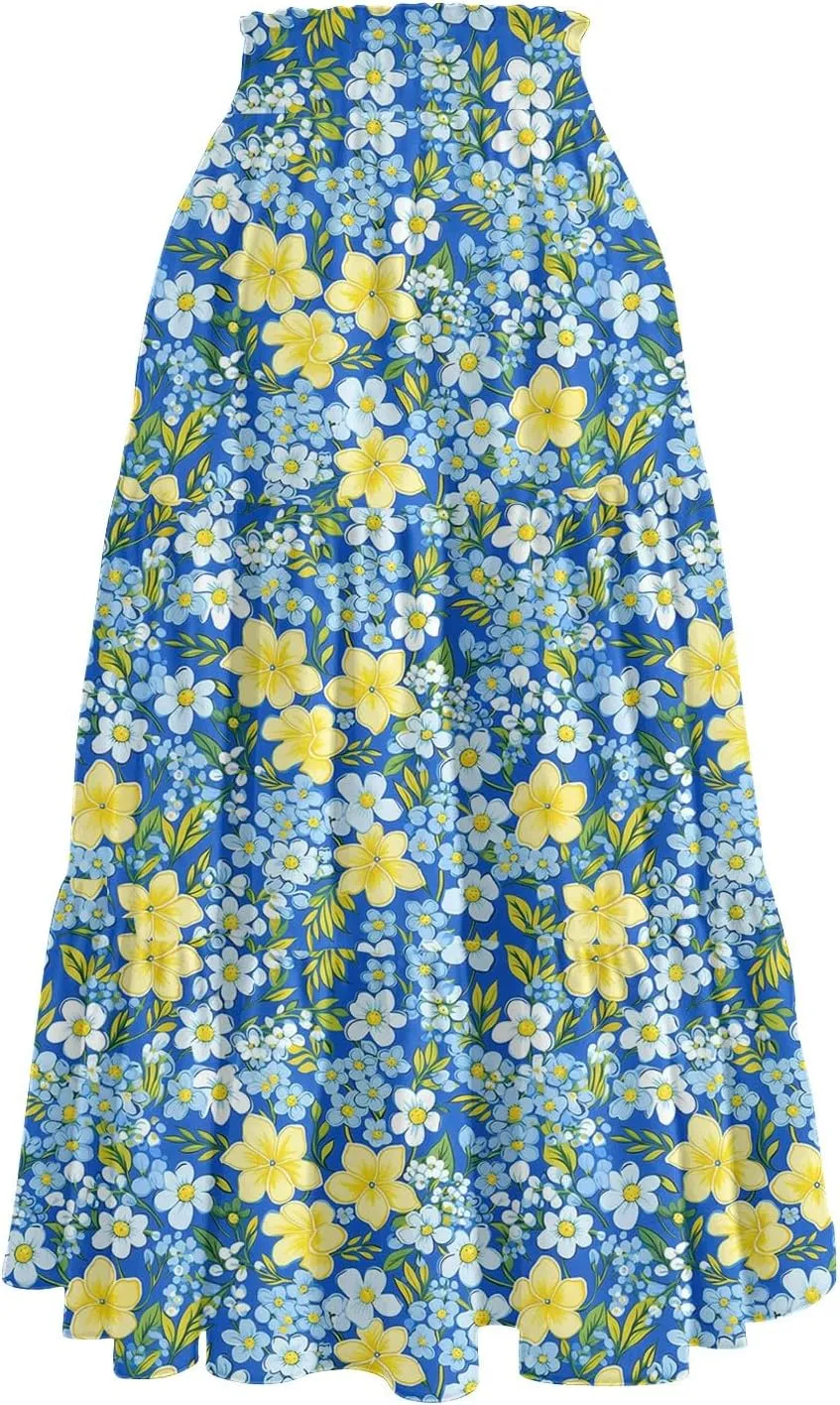 Midi Skirt for Women Summer Tiered High Waisted Knee Length Skirt A Line Flowy Floral Print Skirts with Pockets