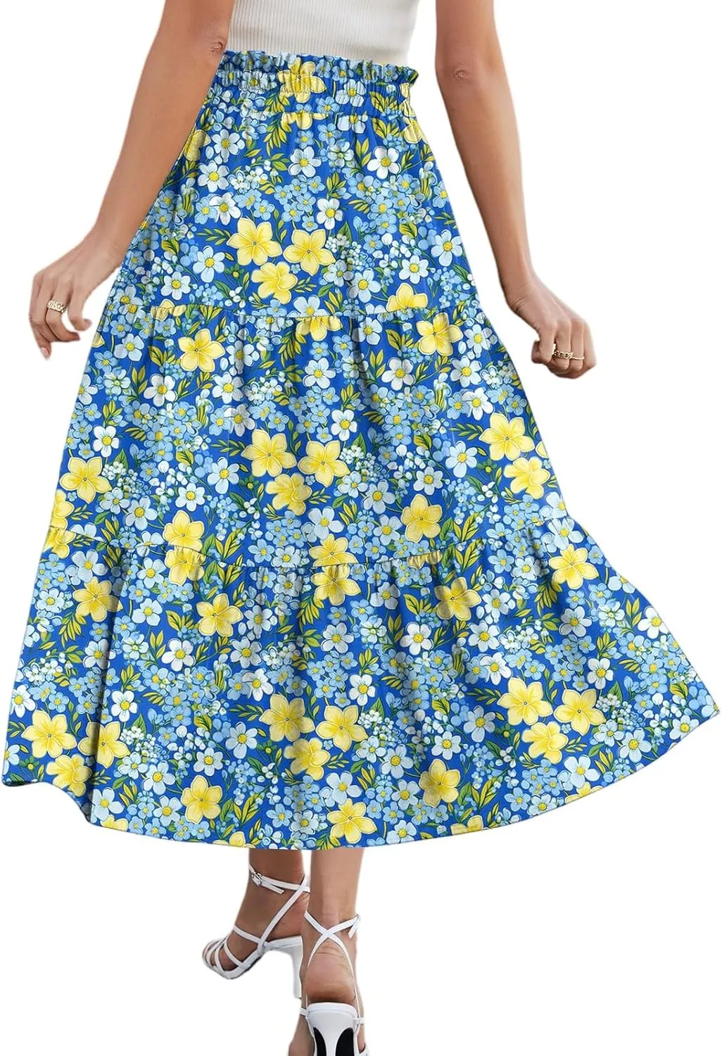 Midi Skirt for Women Summer Tiered High Waisted Knee Length Skirt A Line Flowy Floral Print Skirts with Pockets