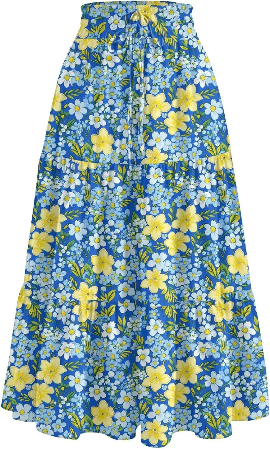 Midi Skirt for Women Summer Tiered High Waisted Knee Length Skirt A Line Flowy Floral Print Skirts with Pockets