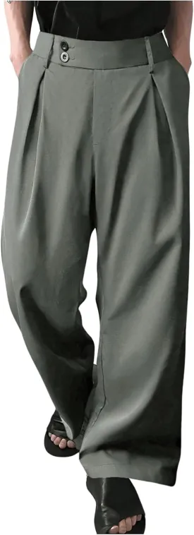 Milumia Men's Pleat Front Wide Leg Long Pants Button Loose Casual Pants