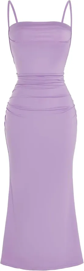 Milumia Women's Sexy Sleeveless Spaghetti Strap Ruched Maxi Slip Dress Long Bodycon Fishtail Dress