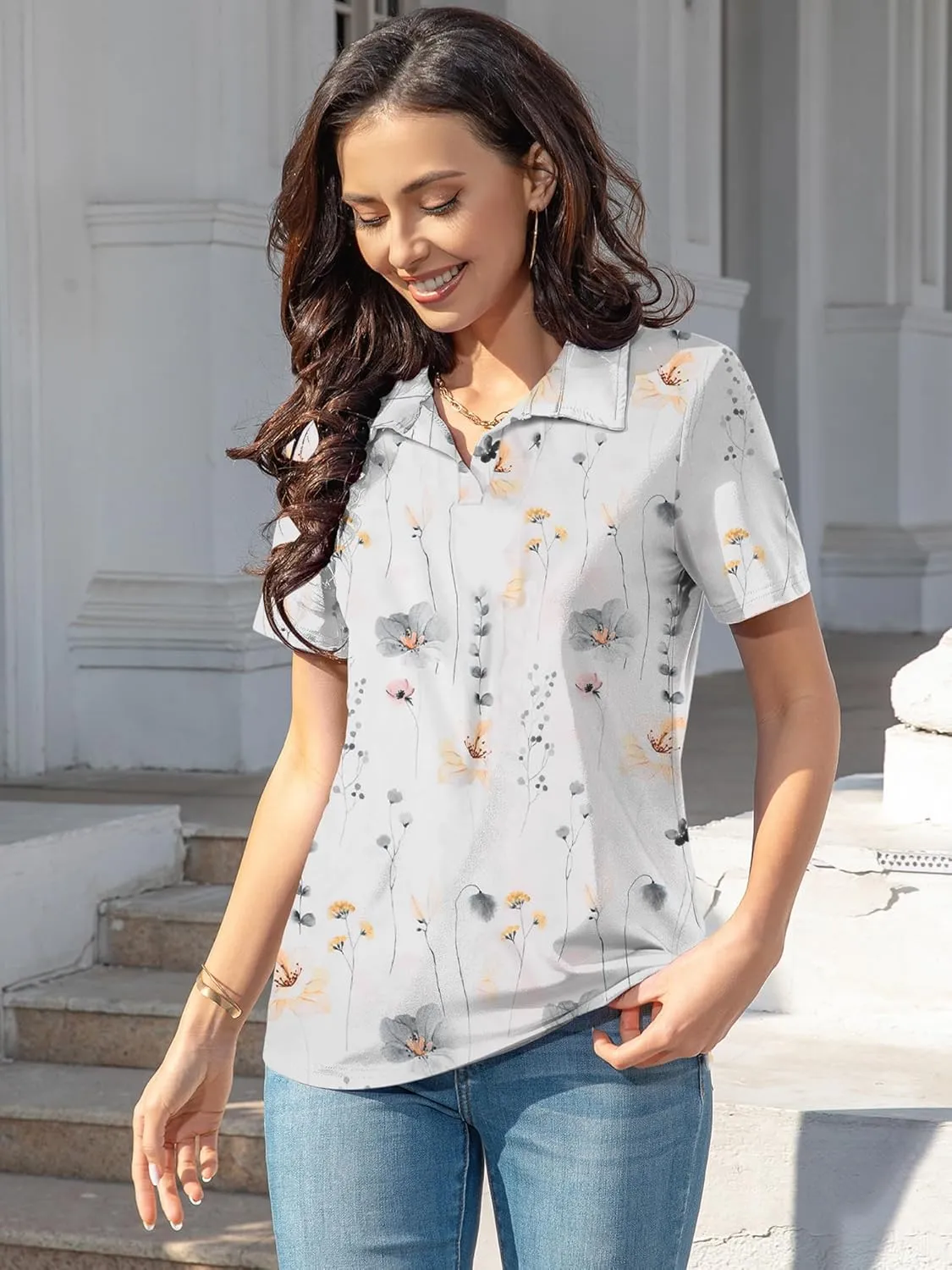 MK Shop Limited Polo Shirts for Women Business Casual Work Lapel Collared Tops V Neck Summer Golf Polos Tunic Blouse