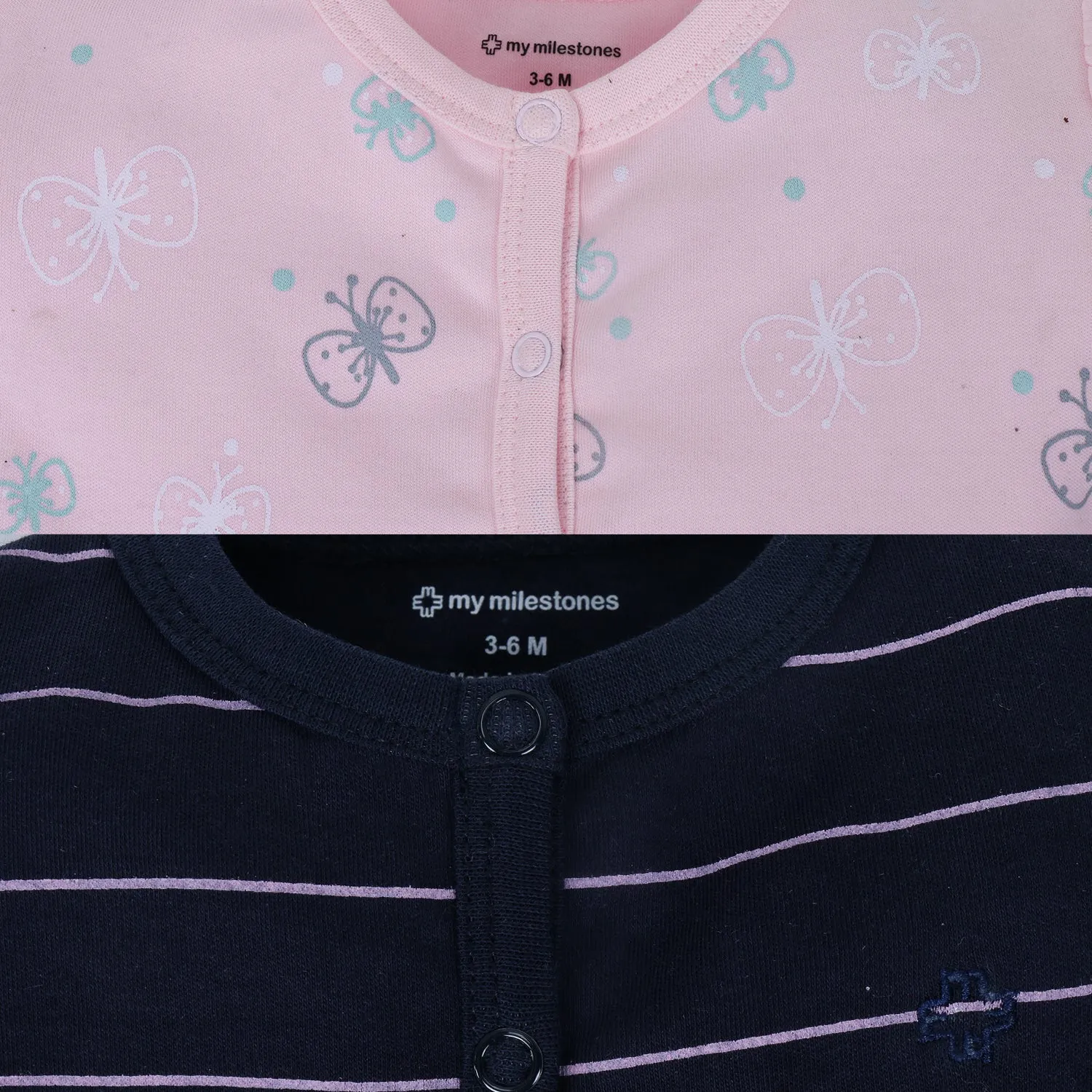 My Milestones T-Shirt Half Sleeve Girls Pink Butterfly / Navy Blue Stripes- 2Pc Pack