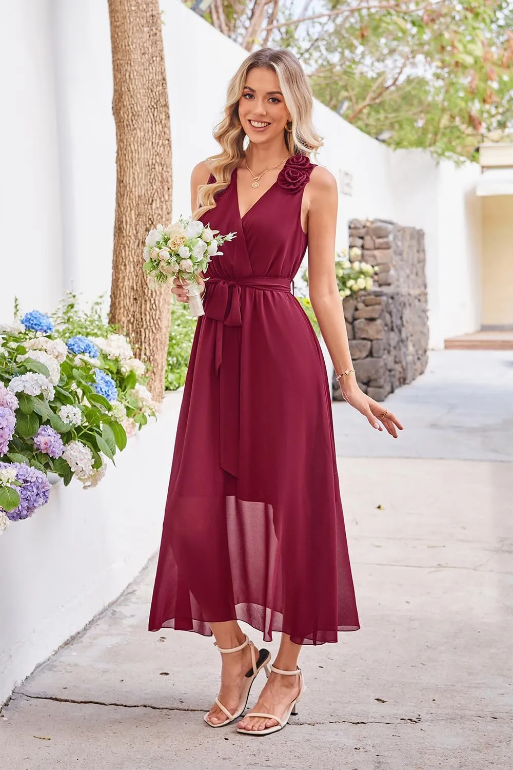 Newshows Womens 2025 Summer Wedding Guest Bridesmaid V Neck Sleeveless Long Formal Evening Party Maxi Dress